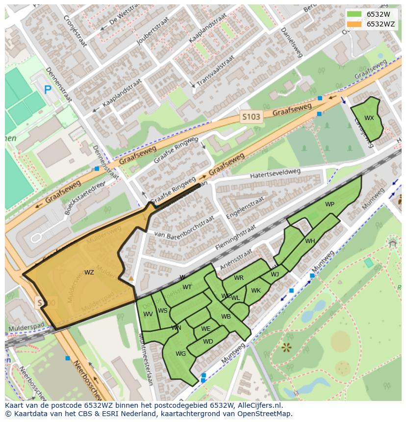 Afbeelding van het postcodegebied 6532 WZ op de kaart.