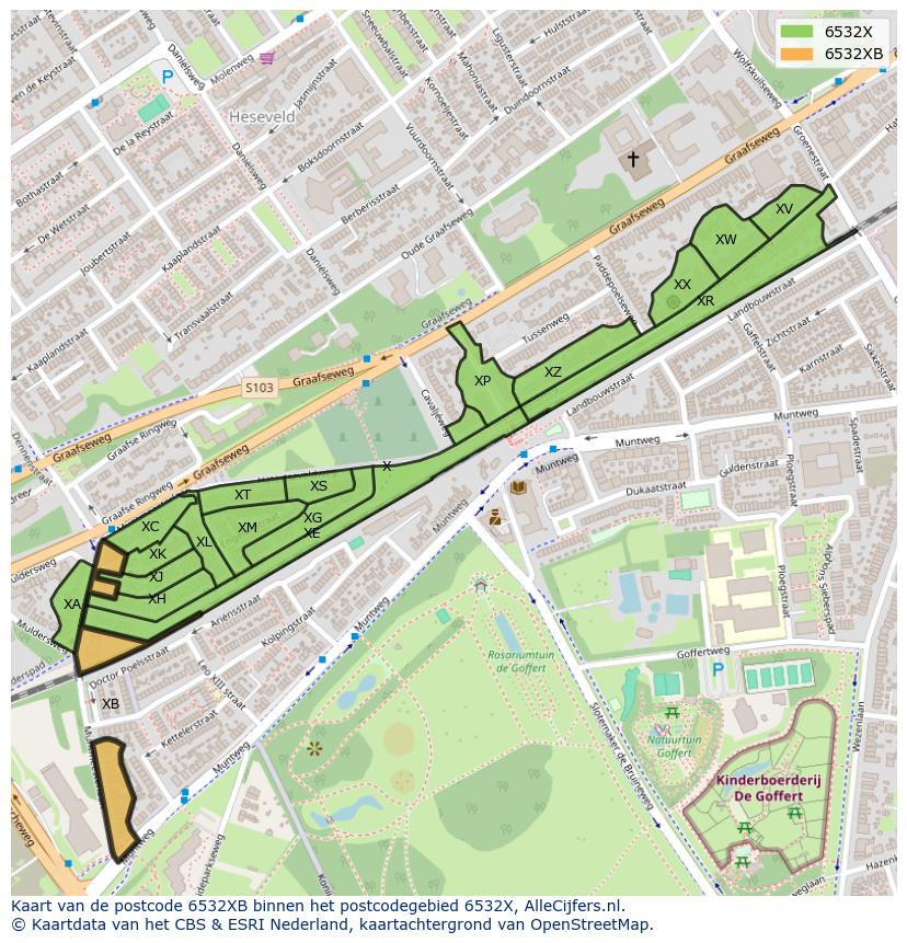 Afbeelding van het postcodegebied 6532 XB op de kaart.