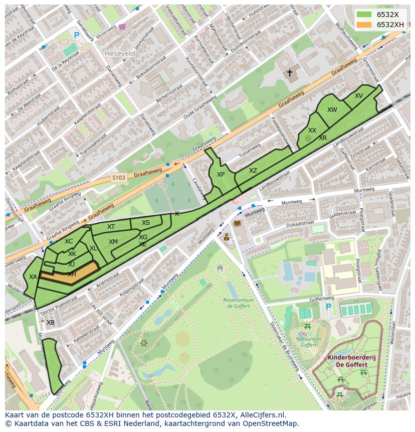 Afbeelding van het postcodegebied 6532 XH op de kaart.