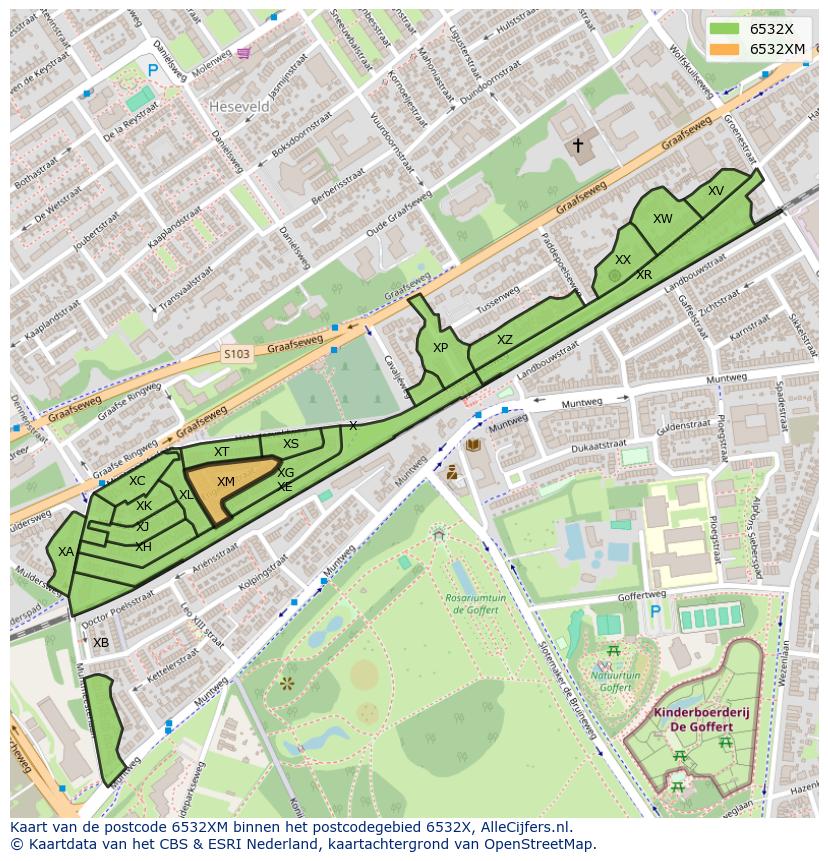 Afbeelding van het postcodegebied 6532 XM op de kaart.