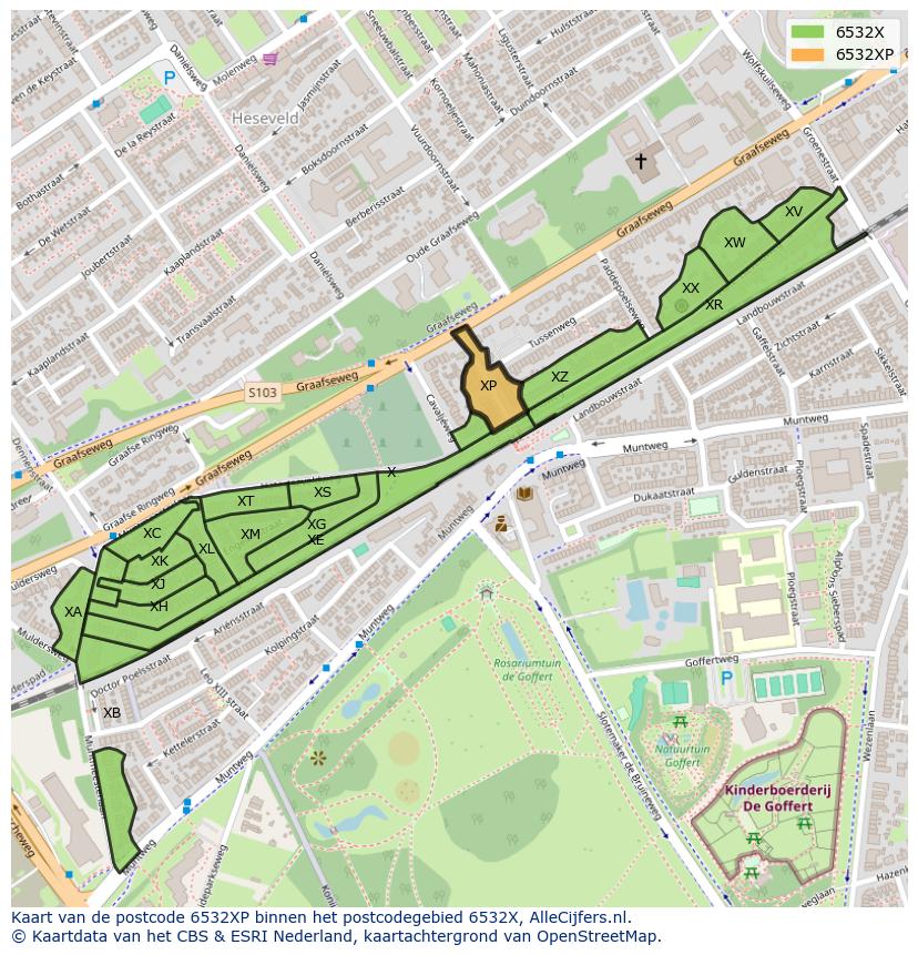 Afbeelding van het postcodegebied 6532 XP op de kaart.
