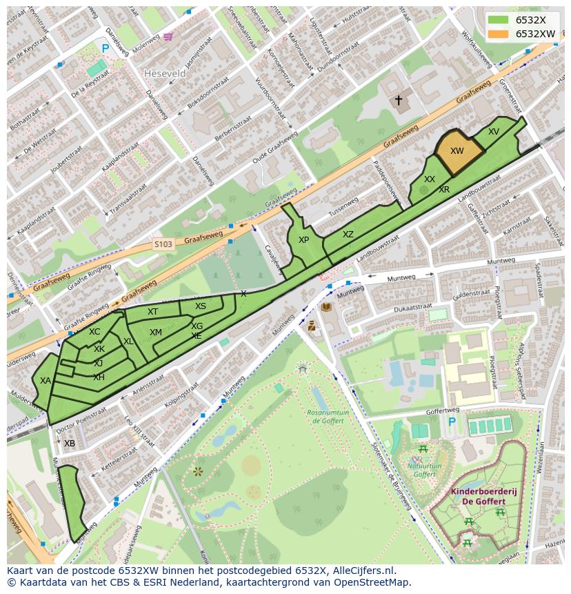 Afbeelding van het postcodegebied 6532 XW op de kaart.