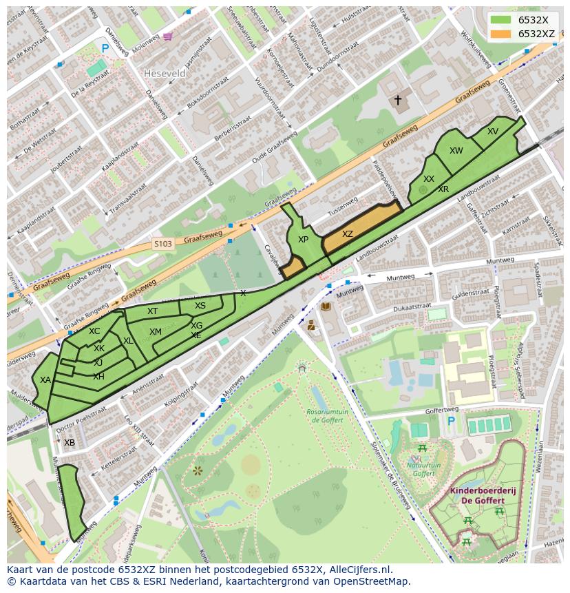 Afbeelding van het postcodegebied 6532 XZ op de kaart.