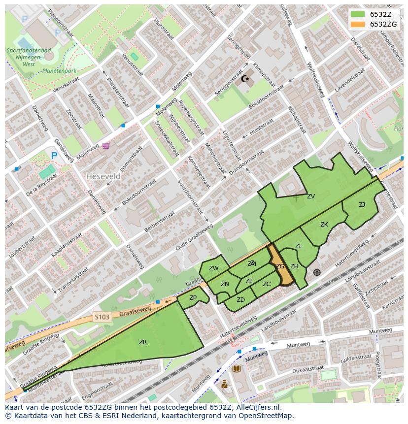 Afbeelding van het postcodegebied 6532 ZG op de kaart.