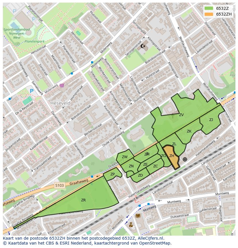 Afbeelding van het postcodegebied 6532 ZH op de kaart.