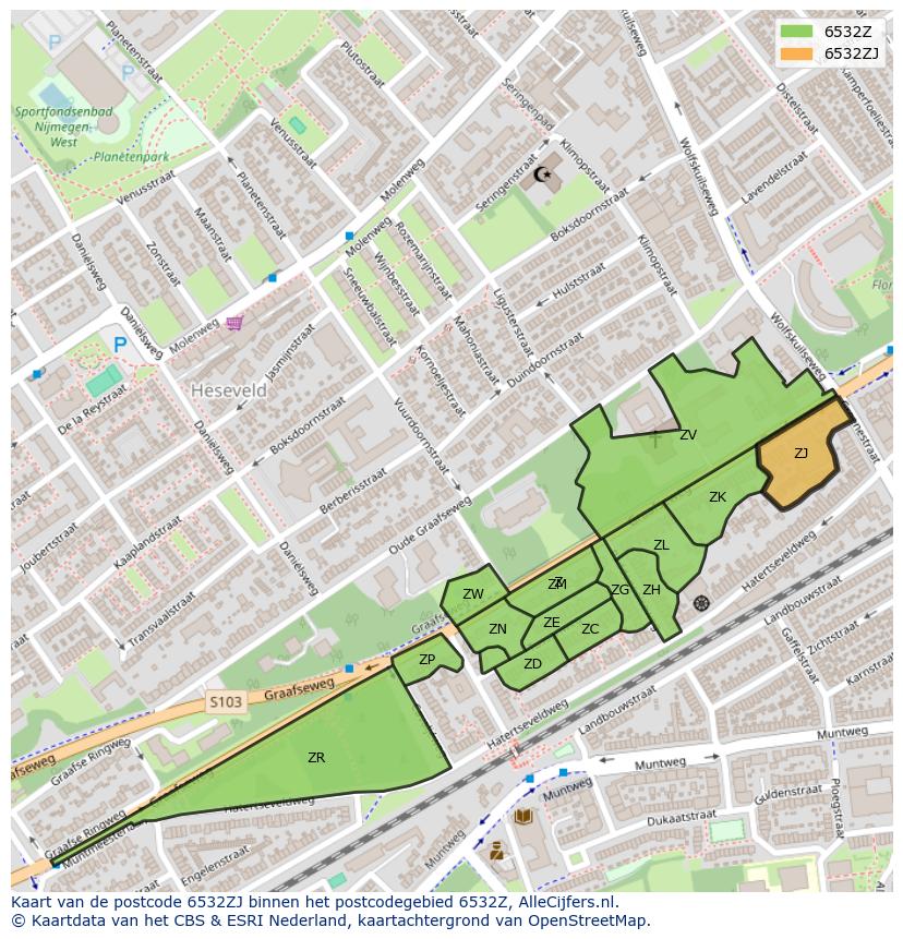Afbeelding van het postcodegebied 6532 ZJ op de kaart.