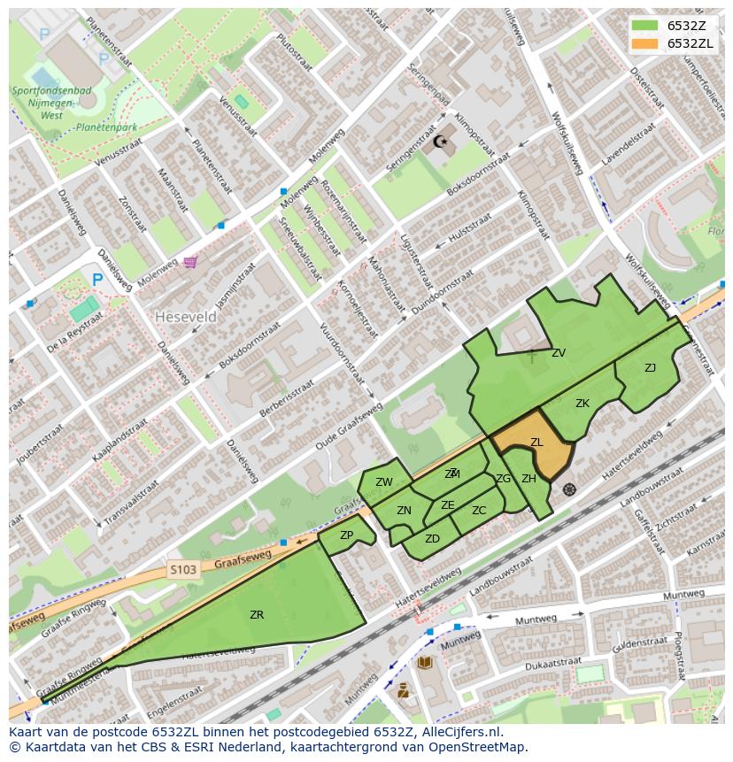 Afbeelding van het postcodegebied 6532 ZL op de kaart.