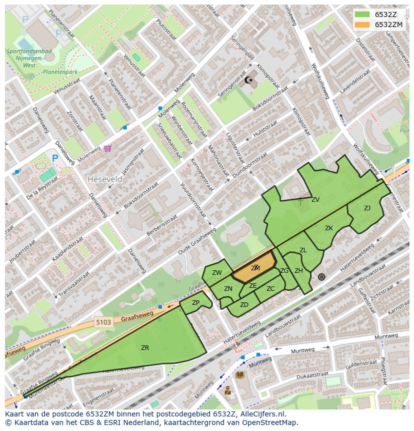 Afbeelding van het postcodegebied 6532 ZM op de kaart.