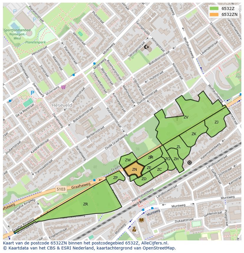 Afbeelding van het postcodegebied 6532 ZN op de kaart.