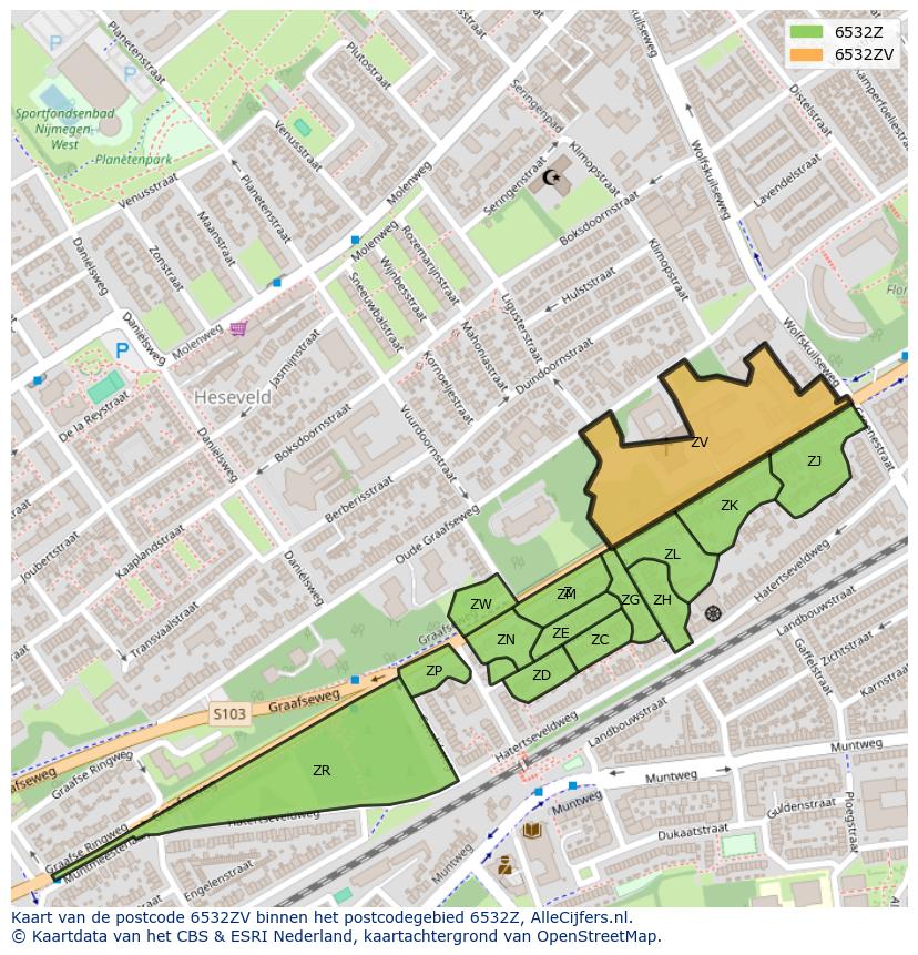 Afbeelding van het postcodegebied 6532 ZV op de kaart.