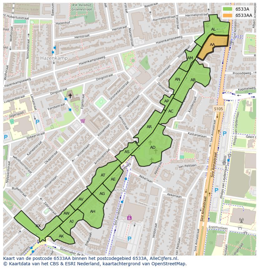 Afbeelding van het postcodegebied 6533 AA op de kaart.