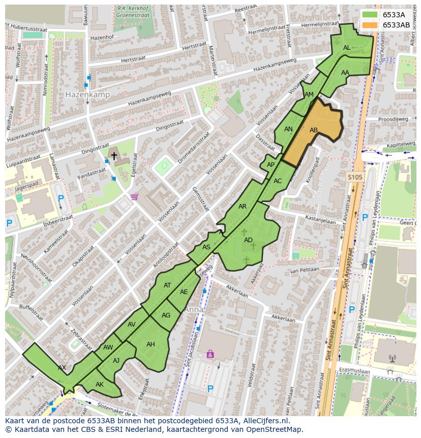 Afbeelding van het postcodegebied 6533 AB op de kaart.