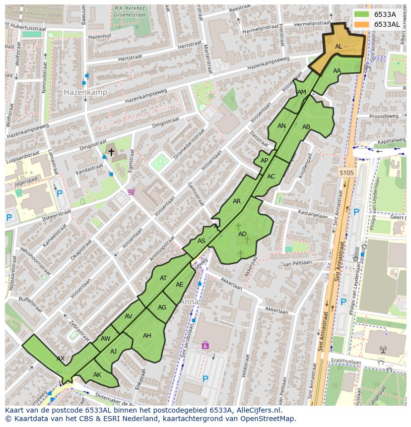 Afbeelding van het postcodegebied 6533 AL op de kaart.
