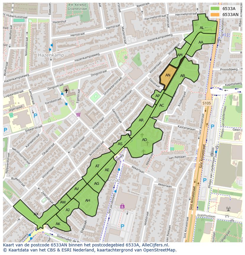 Afbeelding van het postcodegebied 6533 AN op de kaart.