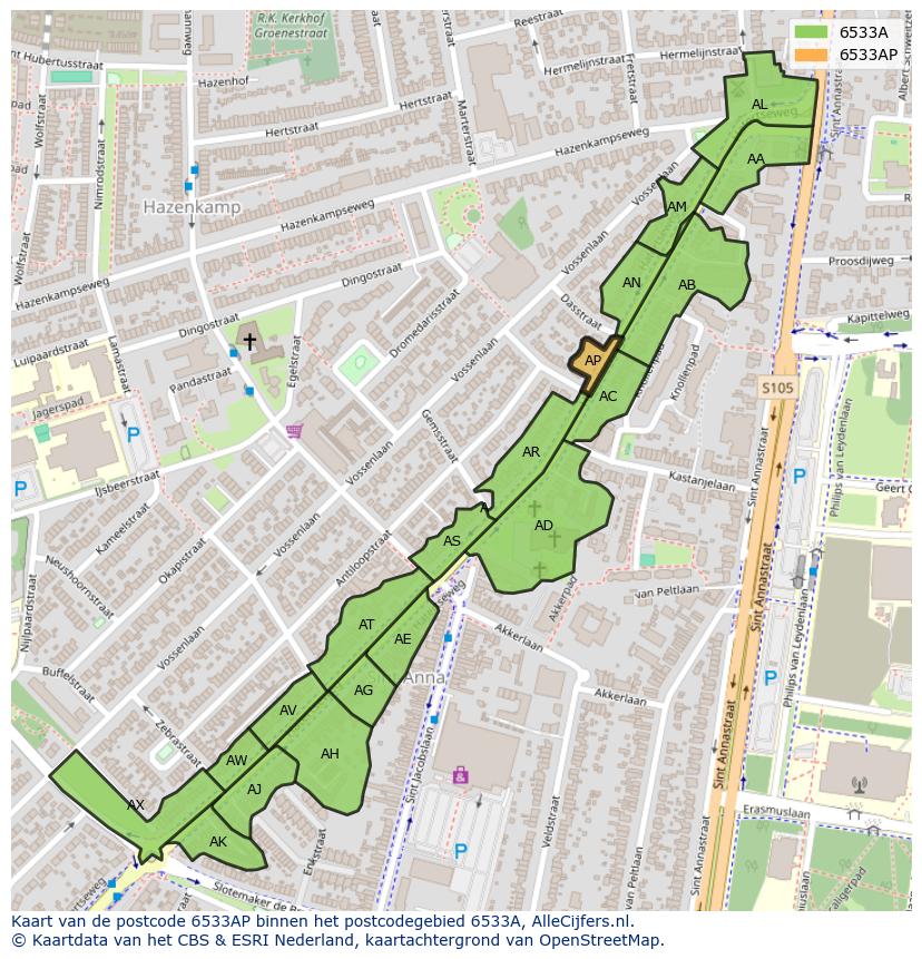 Afbeelding van het postcodegebied 6533 AP op de kaart.