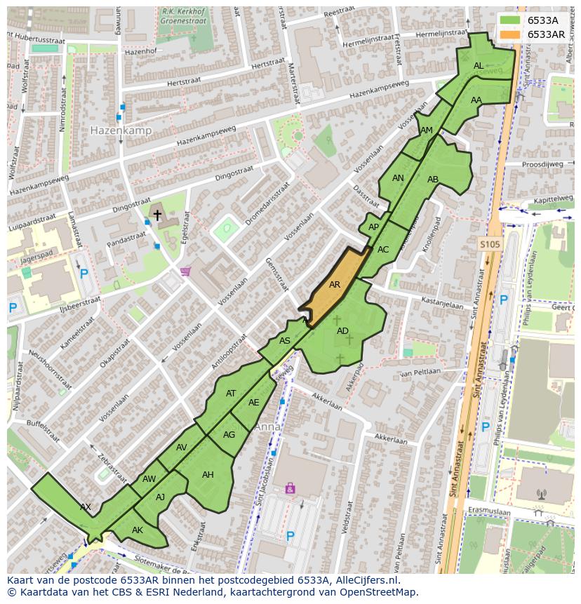 Afbeelding van het postcodegebied 6533 AR op de kaart.