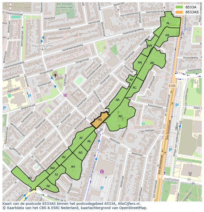 Afbeelding van het postcodegebied 6533 AS op de kaart.