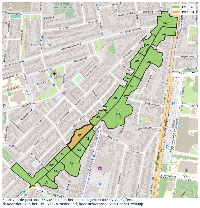 Afbeelding van het postcodegebied 6533 AT op de kaart.