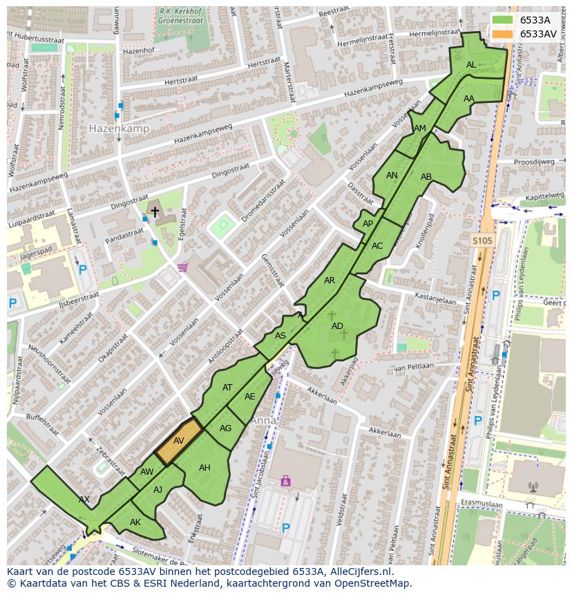 Afbeelding van het postcodegebied 6533 AV op de kaart.