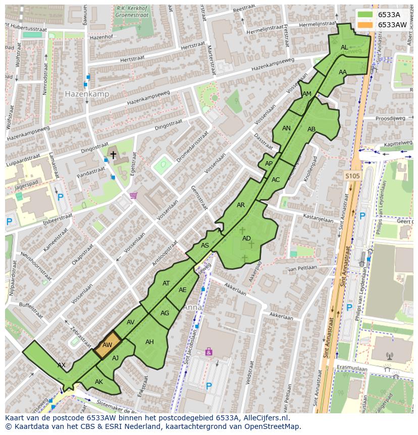 Afbeelding van het postcodegebied 6533 AW op de kaart.