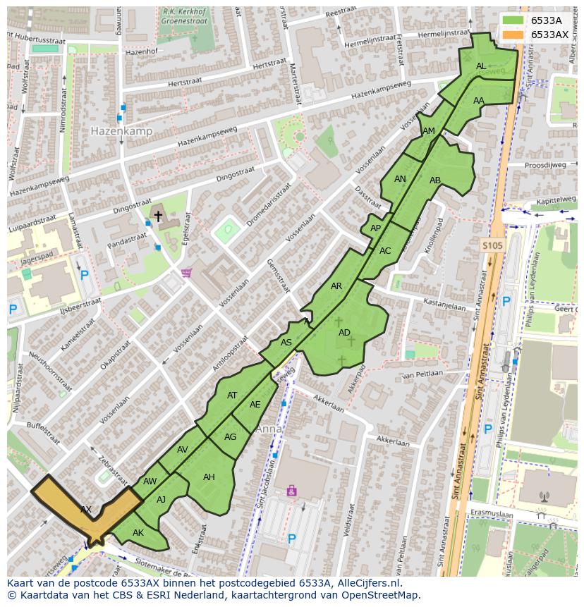 Afbeelding van het postcodegebied 6533 AX op de kaart.
