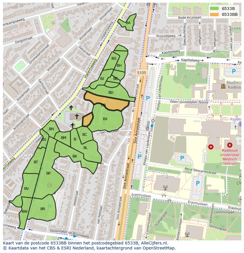 Afbeelding van het postcodegebied 6533 BB op de kaart.