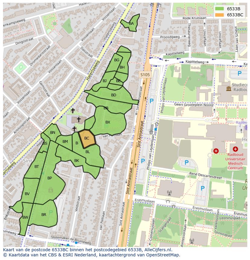 Afbeelding van het postcodegebied 6533 BC op de kaart.
