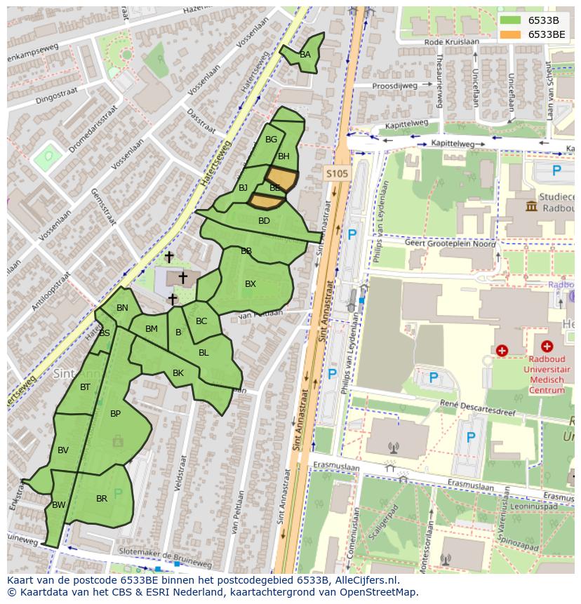 Afbeelding van het postcodegebied 6533 BE op de kaart.
