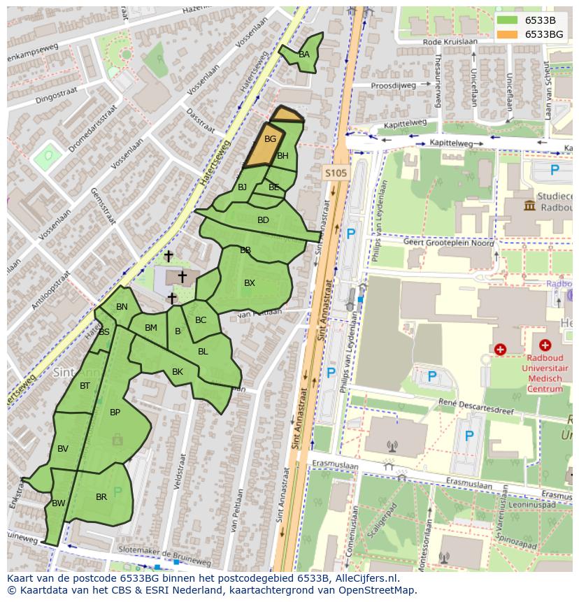Afbeelding van het postcodegebied 6533 BG op de kaart.
