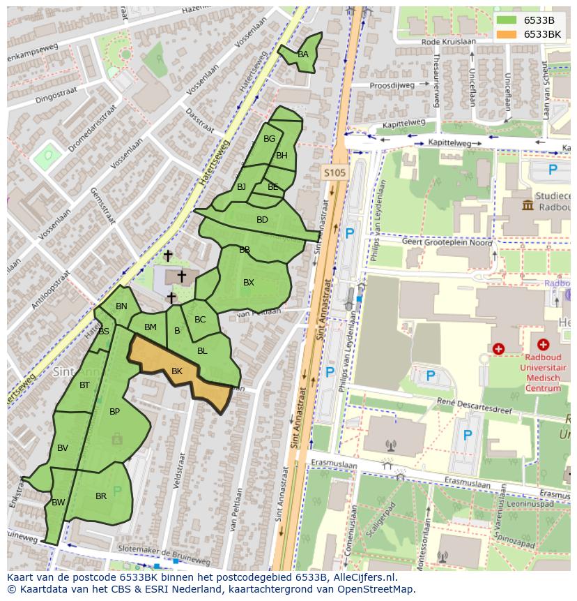 Afbeelding van het postcodegebied 6533 BK op de kaart.