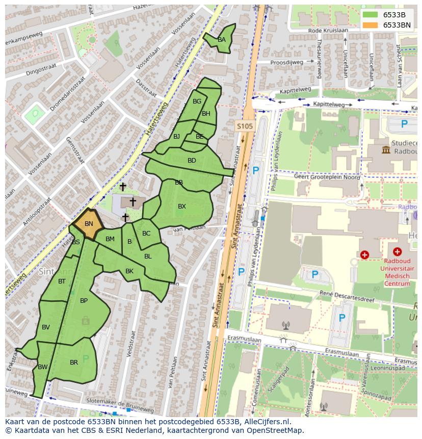 Afbeelding van het postcodegebied 6533 BN op de kaart.