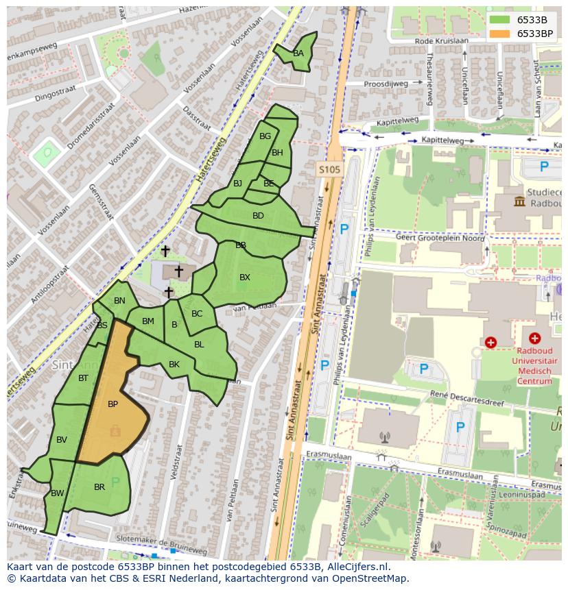 Afbeelding van het postcodegebied 6533 BP op de kaart.