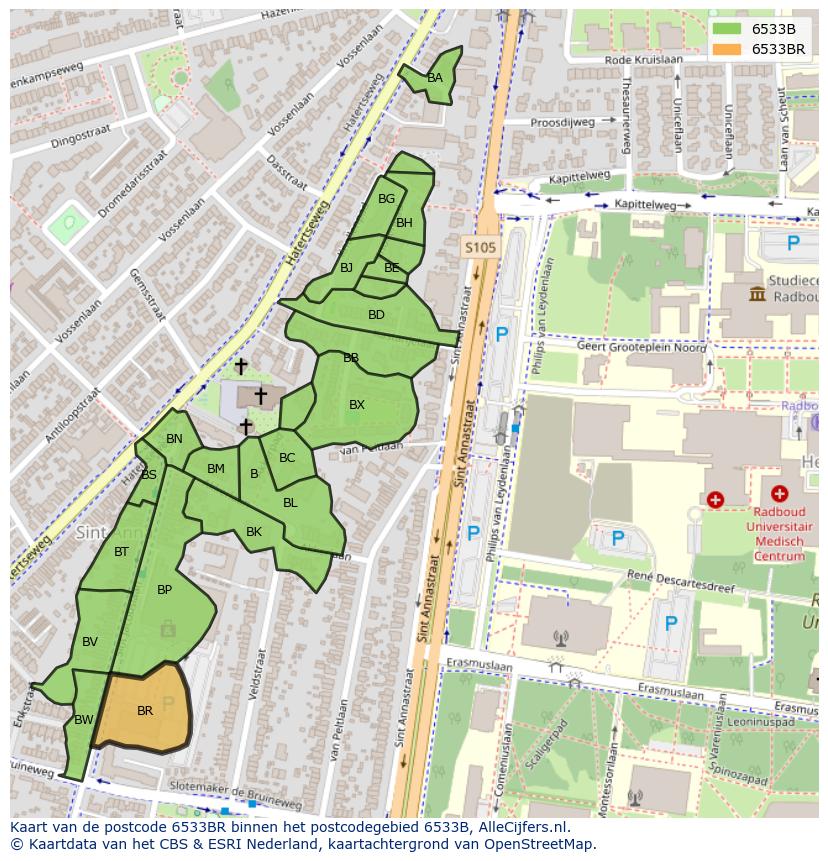 Afbeelding van het postcodegebied 6533 BR op de kaart.