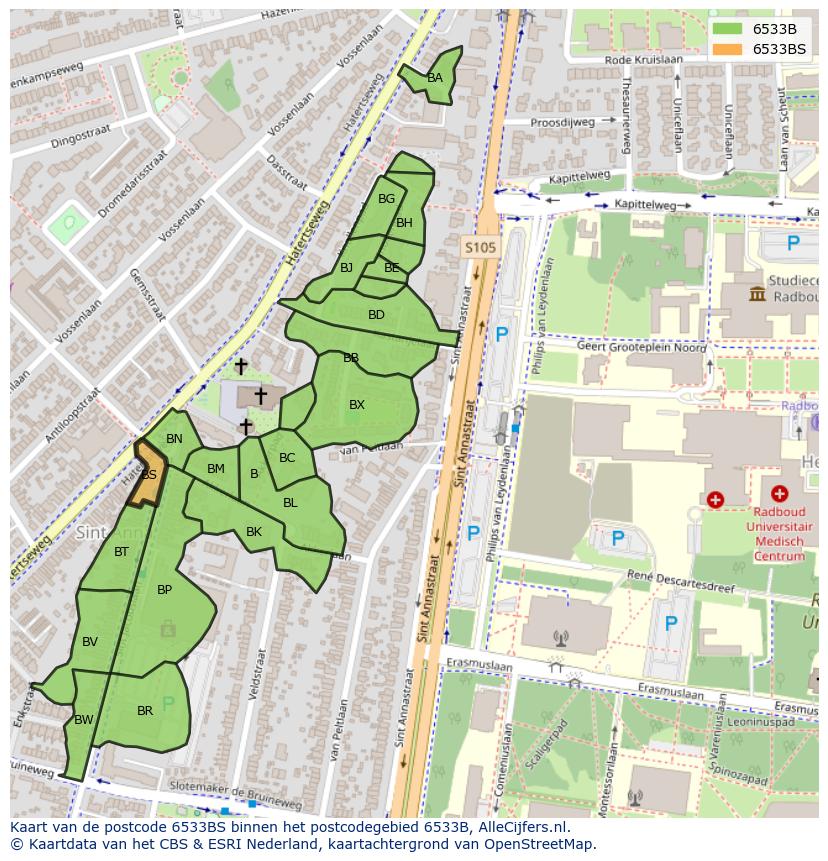 Afbeelding van het postcodegebied 6533 BS op de kaart.