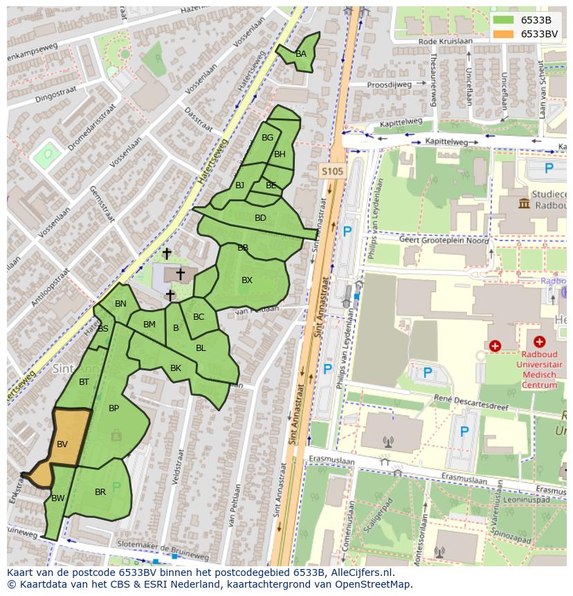 Afbeelding van het postcodegebied 6533 BV op de kaart.