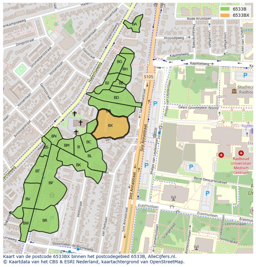 Afbeelding van het postcodegebied 6533 BX op de kaart.