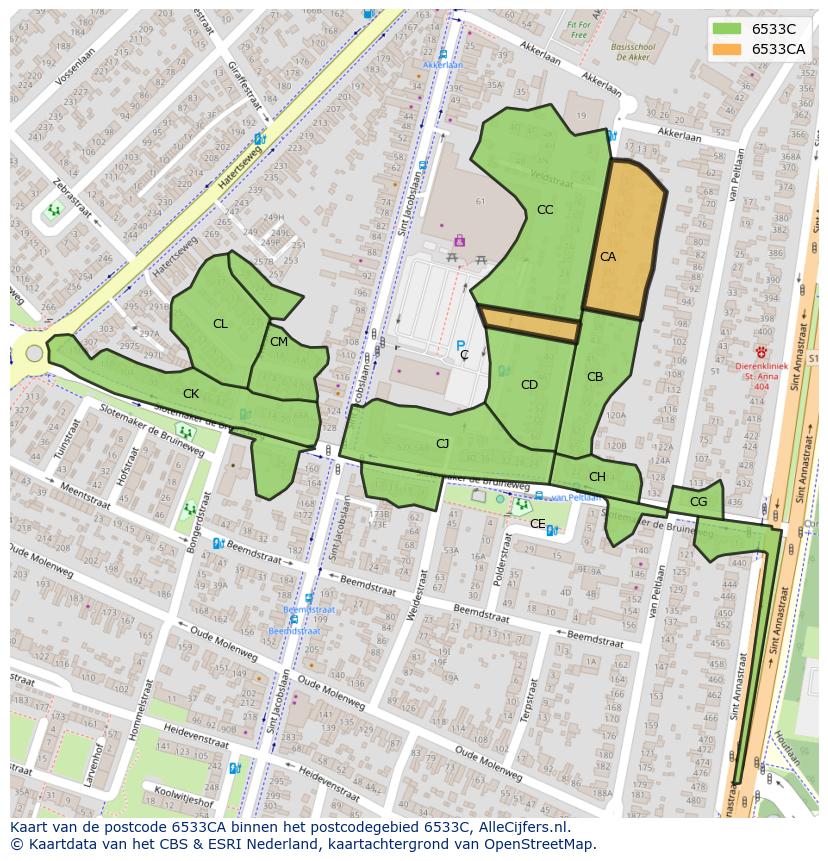 Afbeelding van het postcodegebied 6533 CA op de kaart.