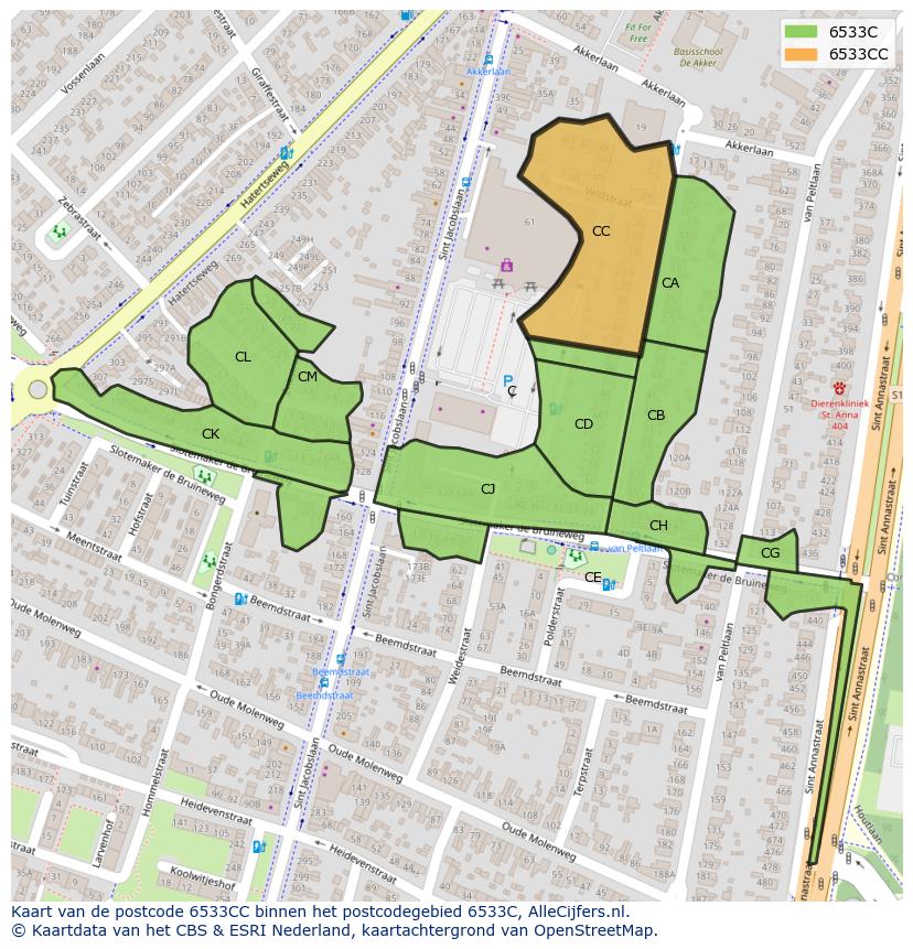 Afbeelding van het postcodegebied 6533 CC op de kaart.