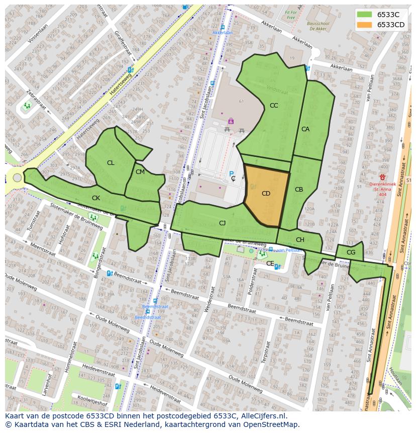 Afbeelding van het postcodegebied 6533 CD op de kaart.