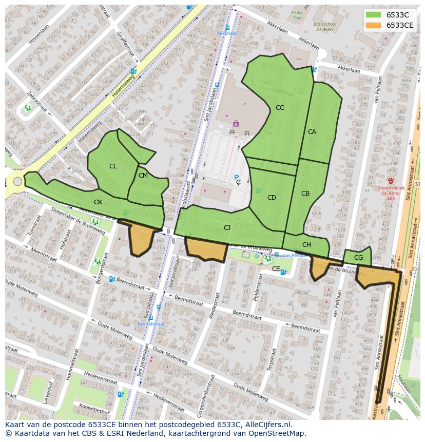 Afbeelding van het postcodegebied 6533 CE op de kaart.