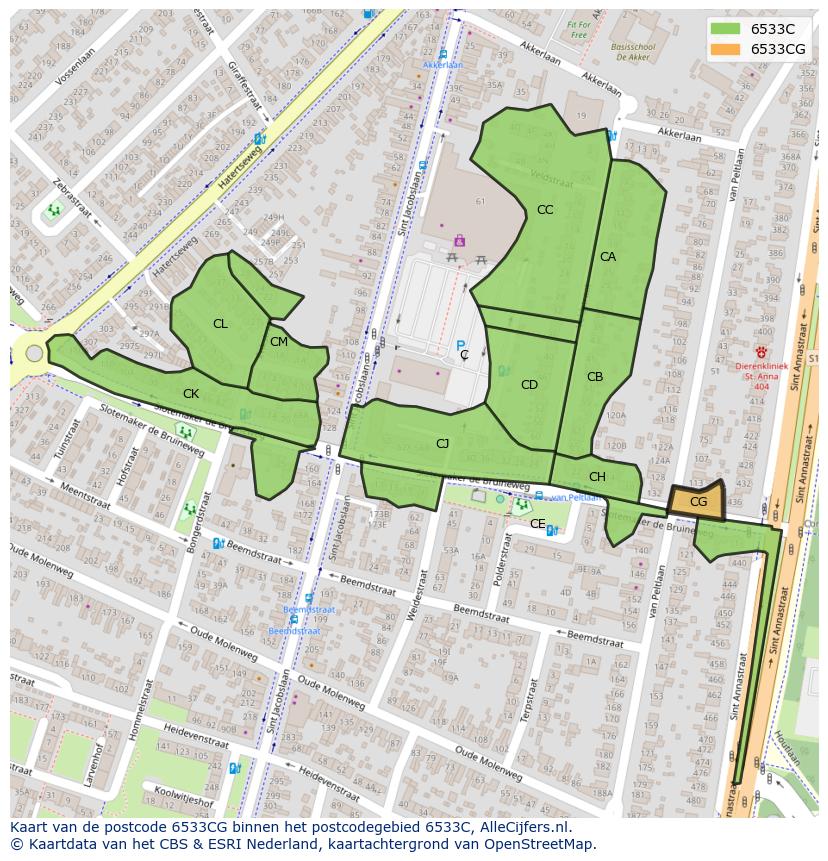 Afbeelding van het postcodegebied 6533 CG op de kaart.