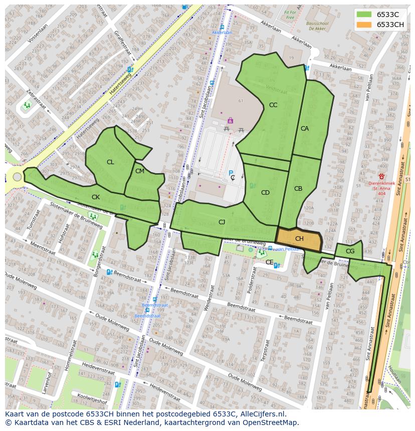 Afbeelding van het postcodegebied 6533 CH op de kaart.