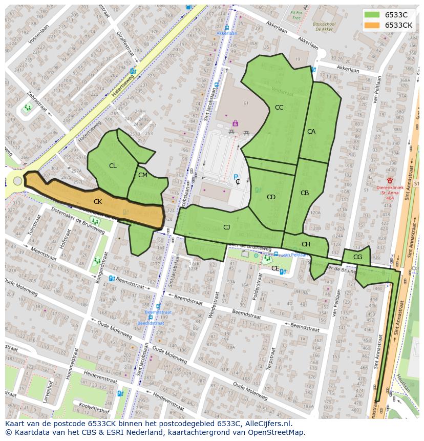 Afbeelding van het postcodegebied 6533 CK op de kaart.