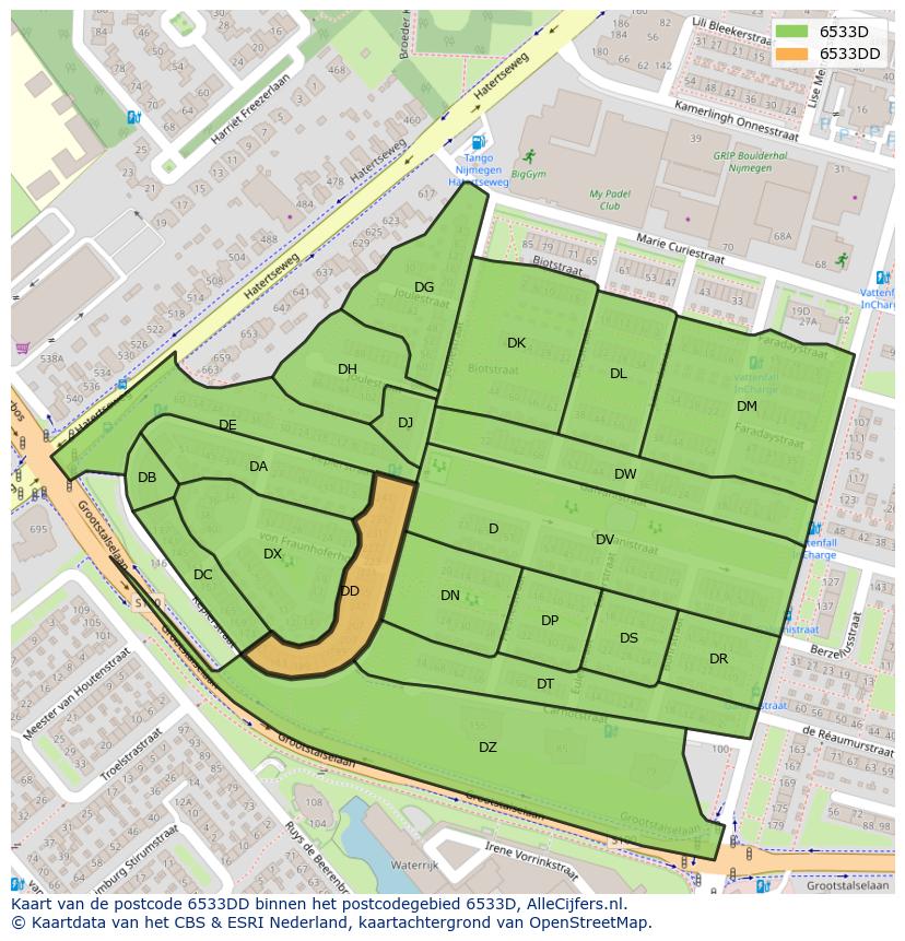Afbeelding van het postcodegebied 6533 DD op de kaart.