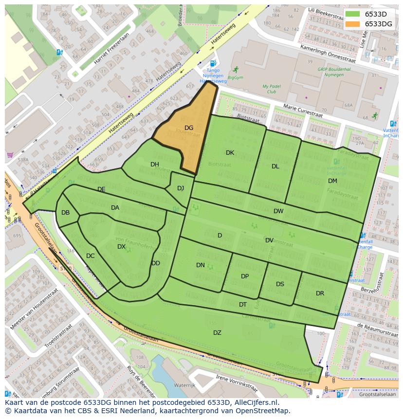 Afbeelding van het postcodegebied 6533 DG op de kaart.