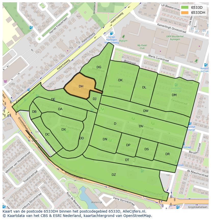 Afbeelding van het postcodegebied 6533 DH op de kaart.