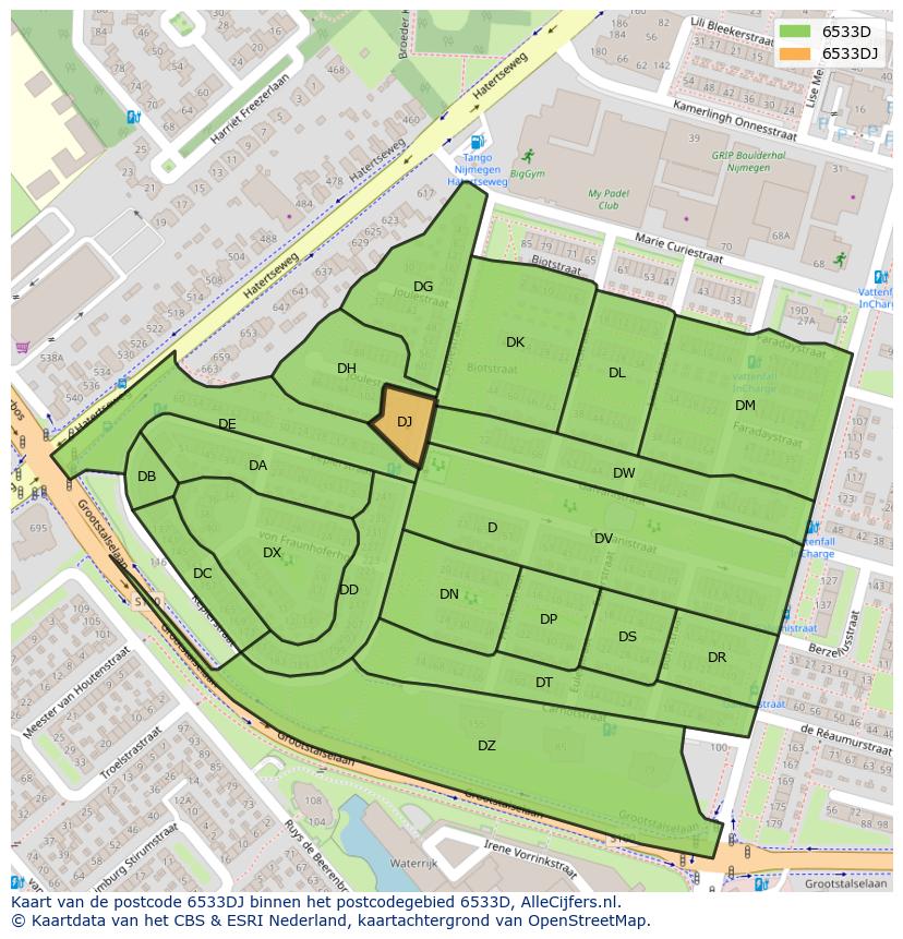 Afbeelding van het postcodegebied 6533 DJ op de kaart.