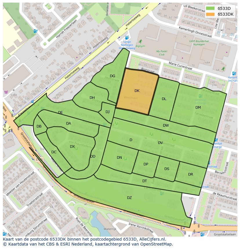 Afbeelding van het postcodegebied 6533 DK op de kaart.
