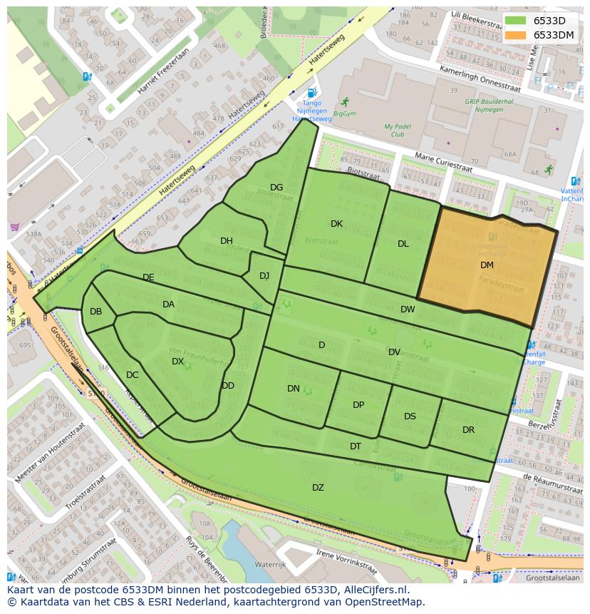 Afbeelding van het postcodegebied 6533 DM op de kaart.