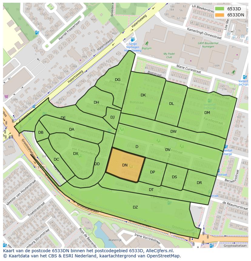 Afbeelding van het postcodegebied 6533 DN op de kaart.